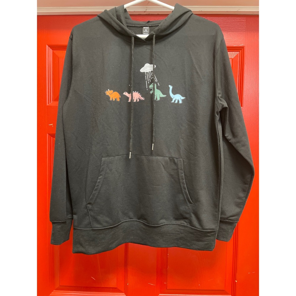 Romwe Mens Black Dinosaur UFO Abduction Graphic Hoodie Size M Pullover
